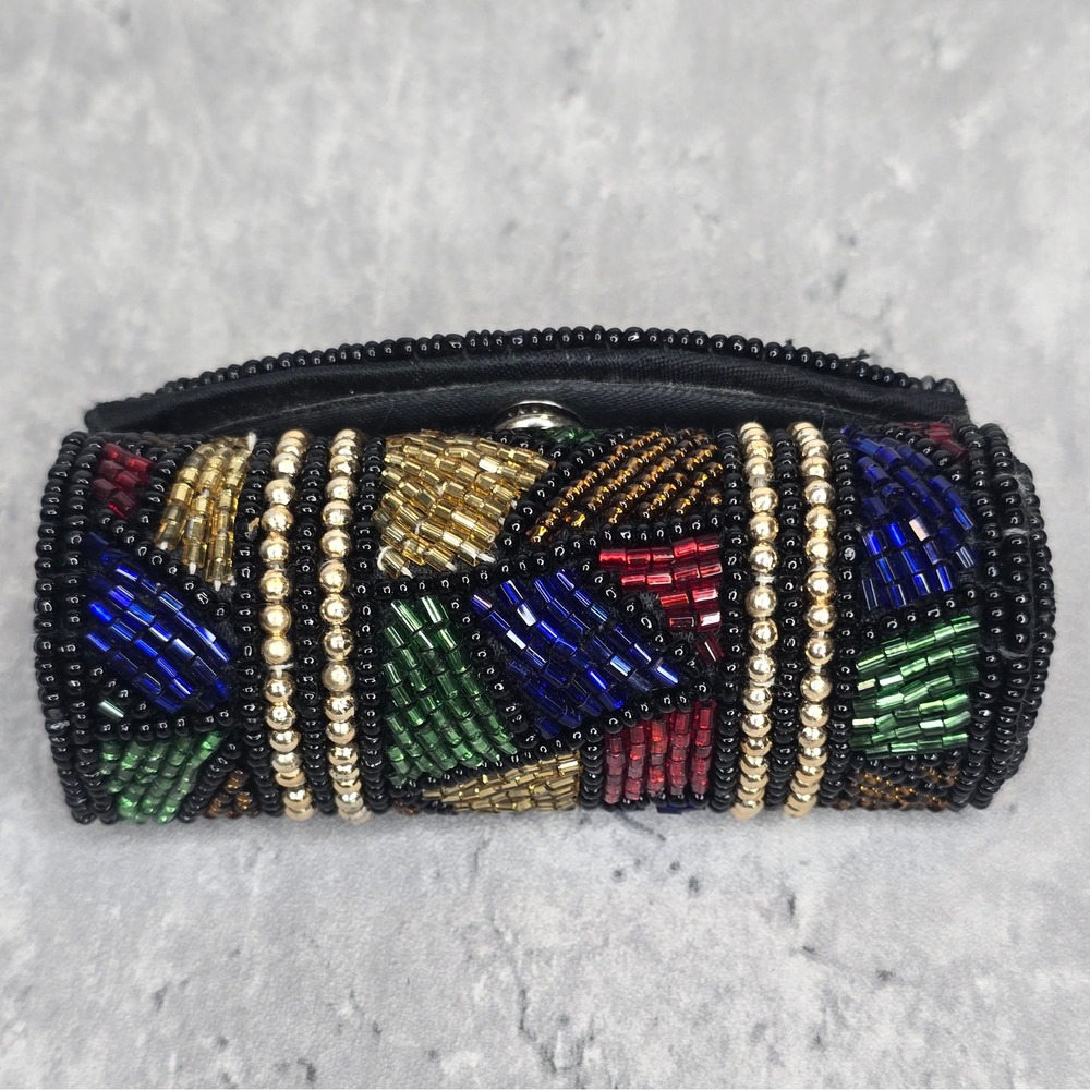 Vintage 80s Beaded Lipstick Case Mirror Geometric Mosaic Black Gold Multi Color - Picture 2 of 8